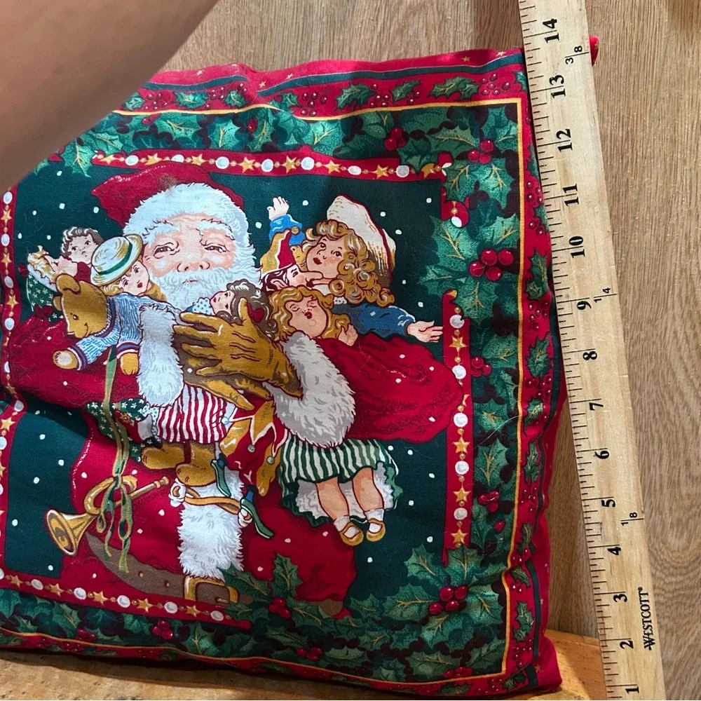 VINTAGE HAND SEWN 2 SIDED SANTA PILLOW 14x14” CHILDREN PRESENTS